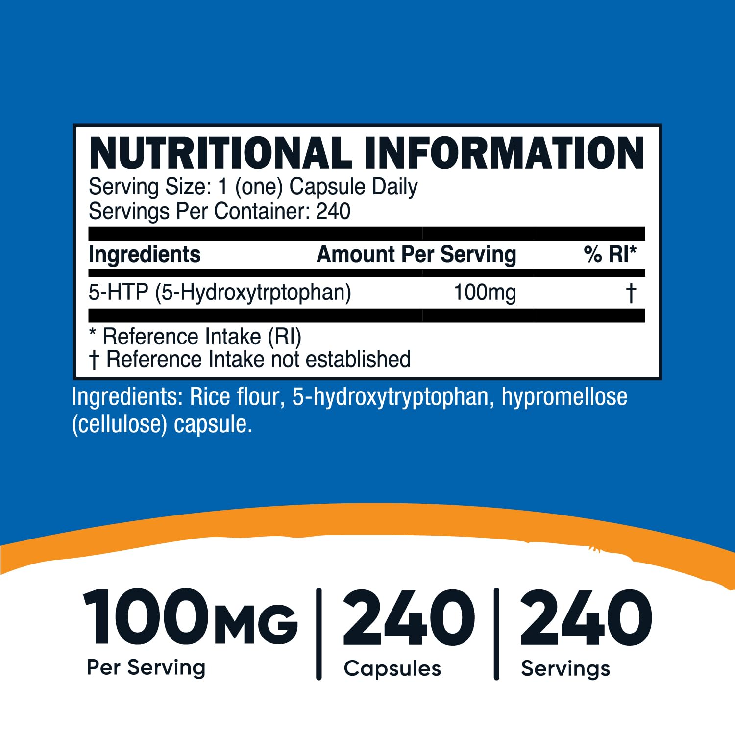 Product label showing 5-HTP 100mg and non-GMO gluten free