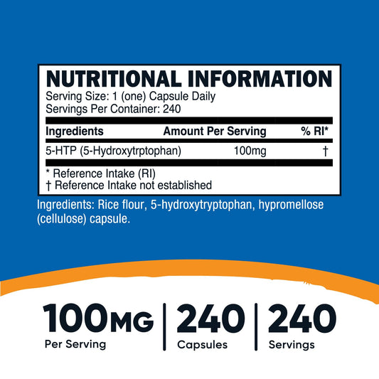 Product label showing 5-HTP 100mg and non-GMO gluten free
