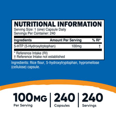 Product label showing 5-HTP 100mg and non-GMO gluten free