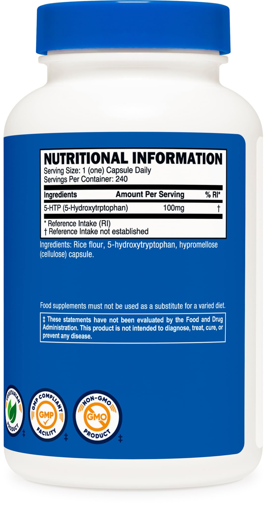 Supplement facts panel for Nutricost 5-HTP 100mg