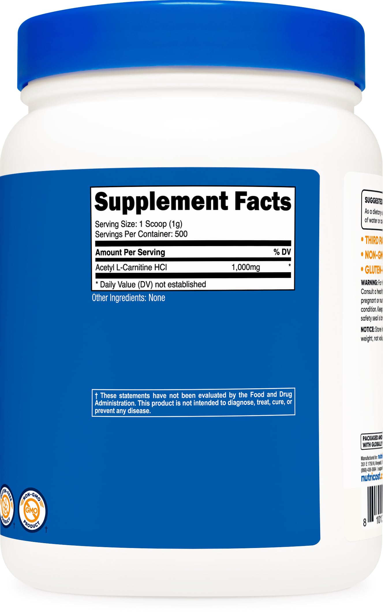Nutricost container beside water suggests simple mixing and hydration.