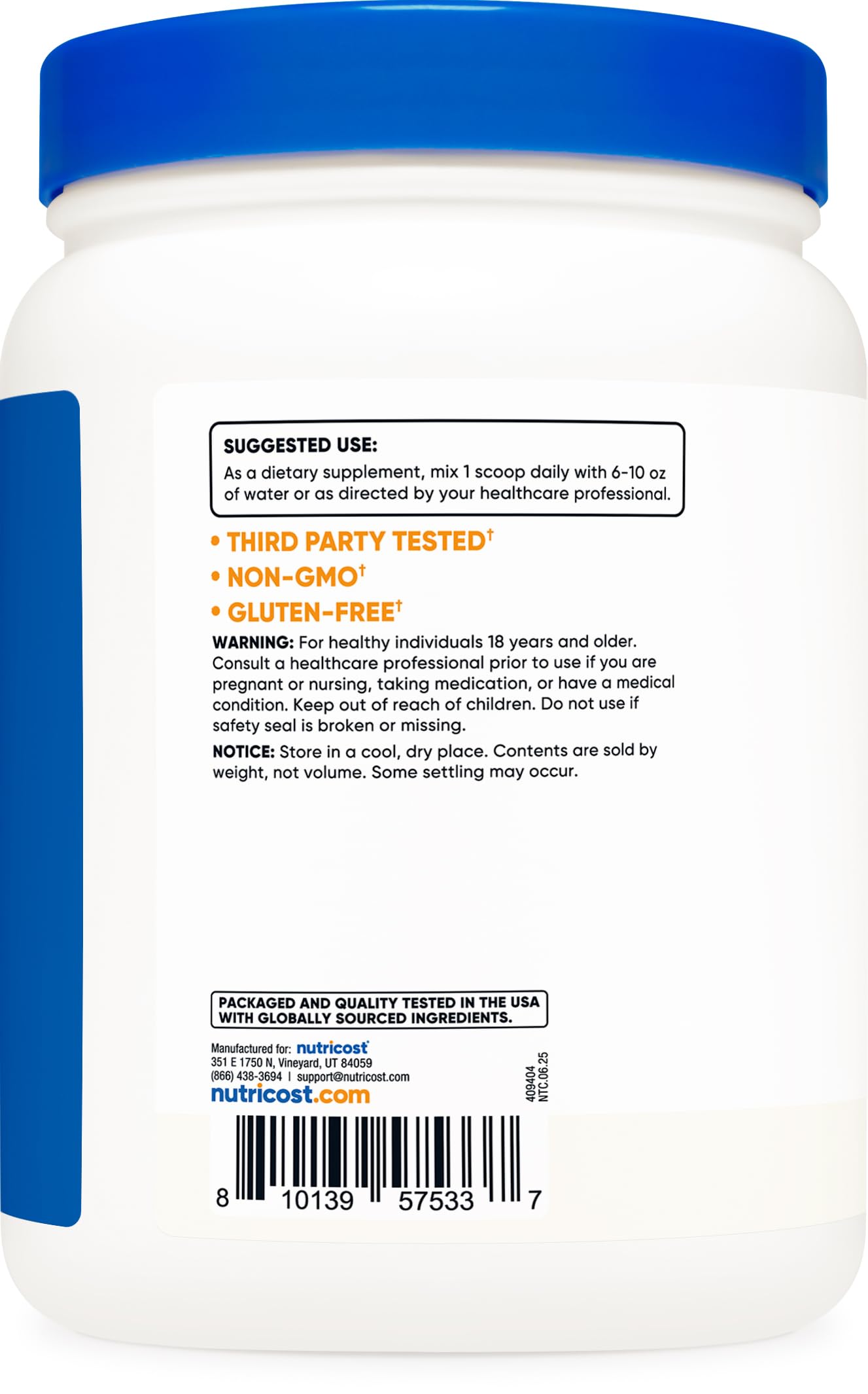Nutricost label highlights non-GMO and gluten-free quality.