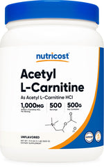 Nutricost Acetyl L-Carnitine powder bottle with scoop for easy daily dosing.