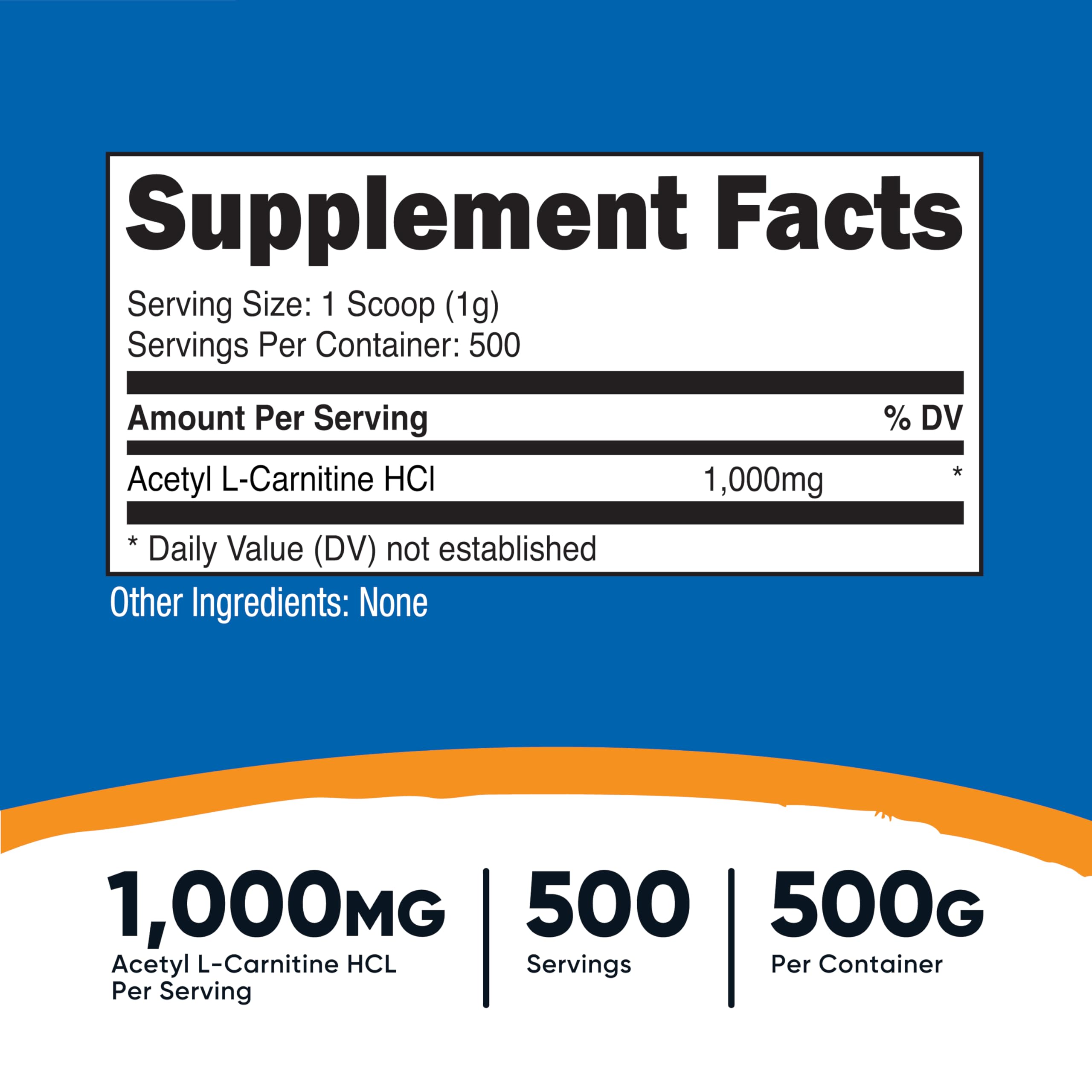 Nutricost Acetyl L-Carnitine powder with scoop ensures precise serving measurements.