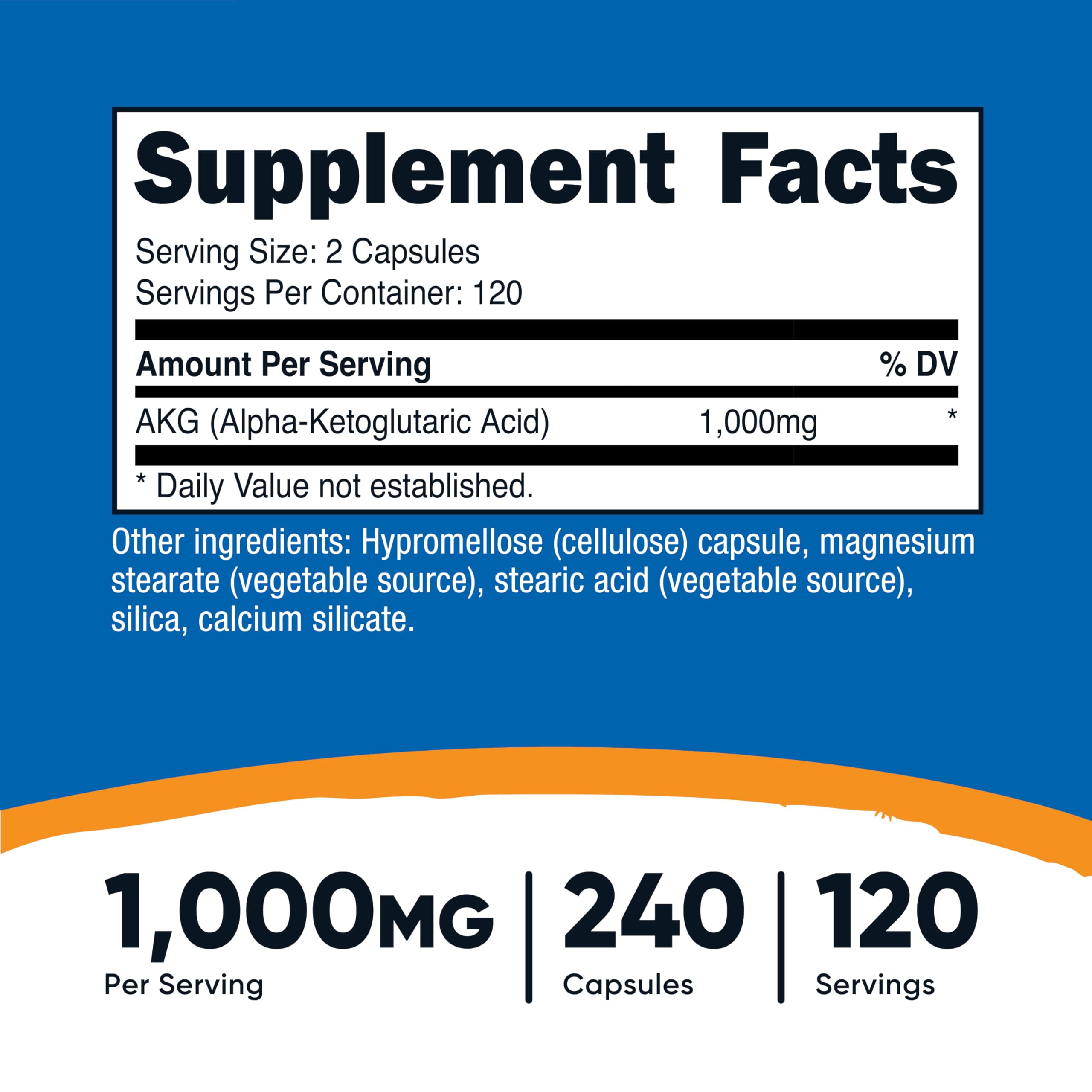 Graphic highlighting 1,000 mg AKG per serving and 120 servings