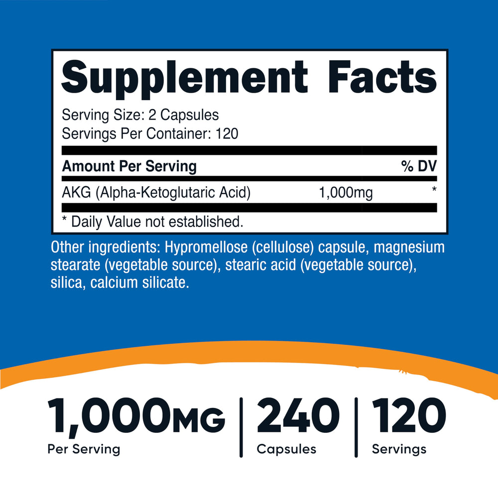 Graphic highlighting 1,000 mg AKG per serving and 120 servings