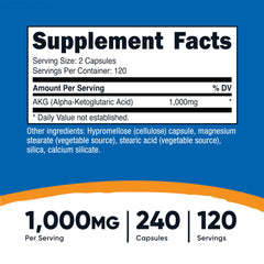 Graphic highlighting 1,000 mg AKG per serving and 120 servings