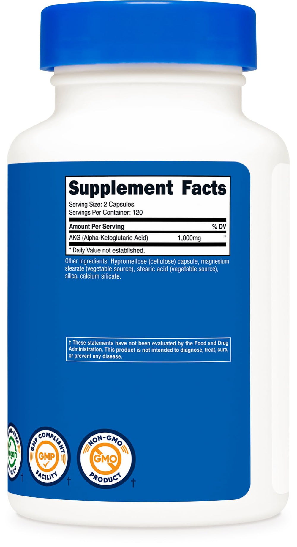 Close-up of Nutricost AKG bottle label with 1,000 mg per serving