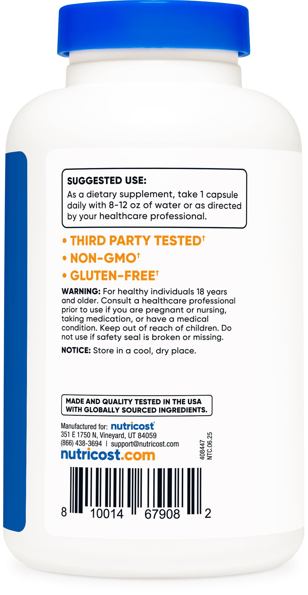 Non-GMO and Gluten Free label on Nutricost ALCAR bottle