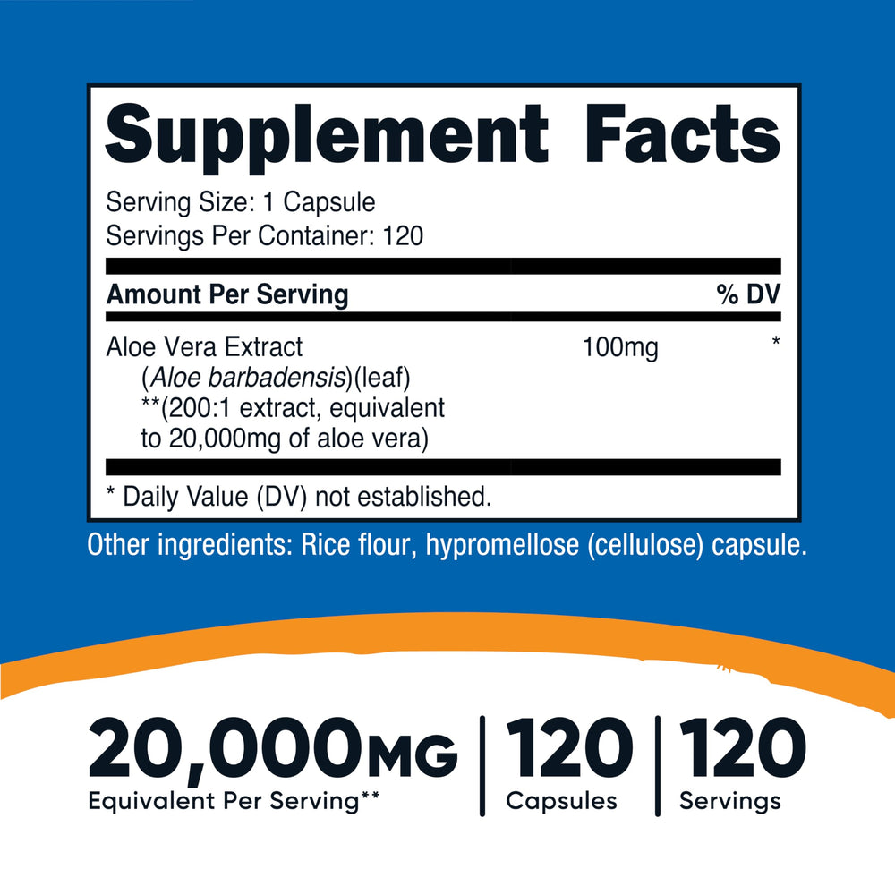 Label showing 200-1 Aloe Vera extract per capsule