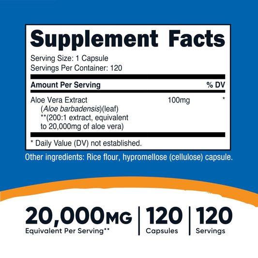 Label showing 200-1 Aloe Vera extract per capsule