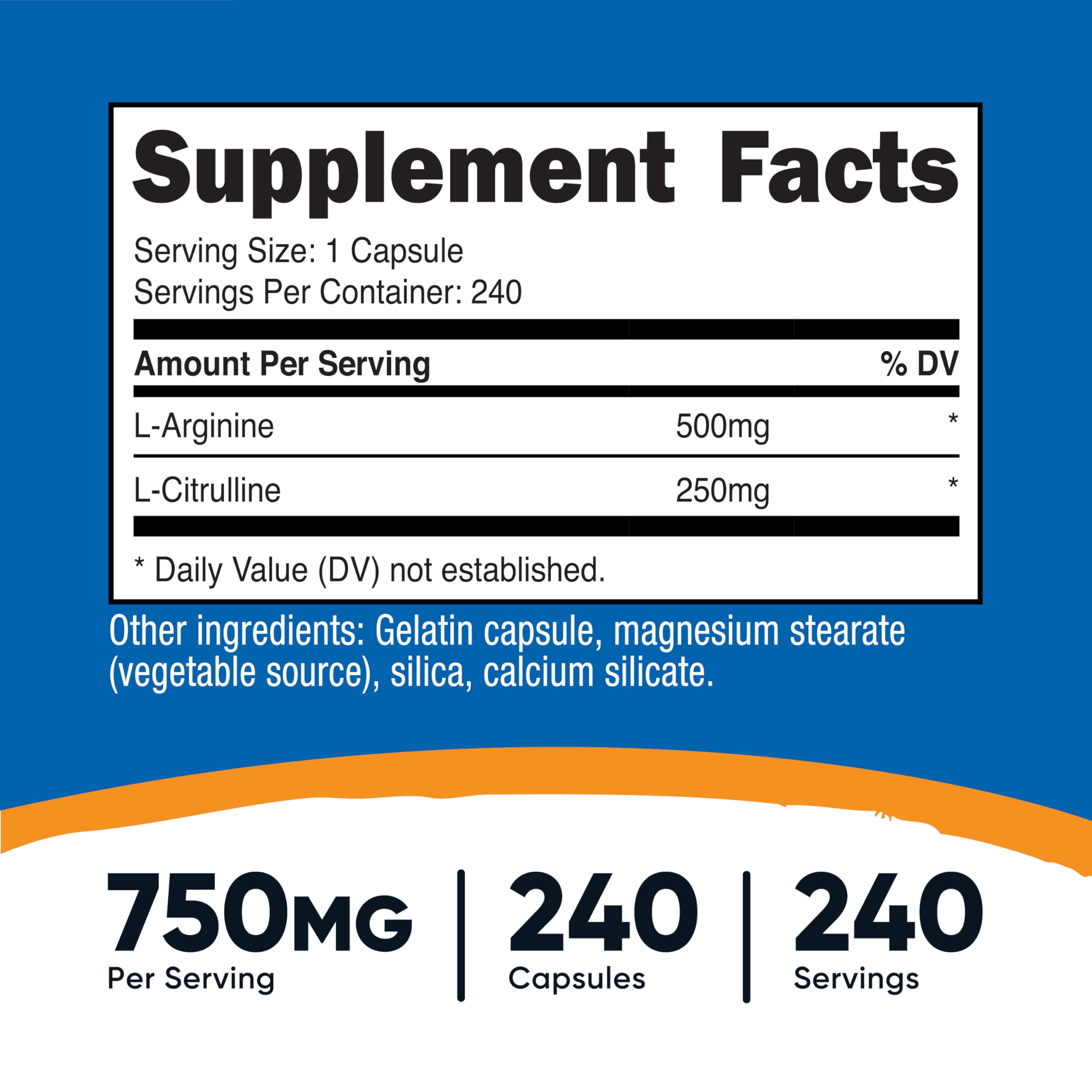 Bottle of Nutricost L-Arginine L-Citrulline Complex 750mg (240 capsules)