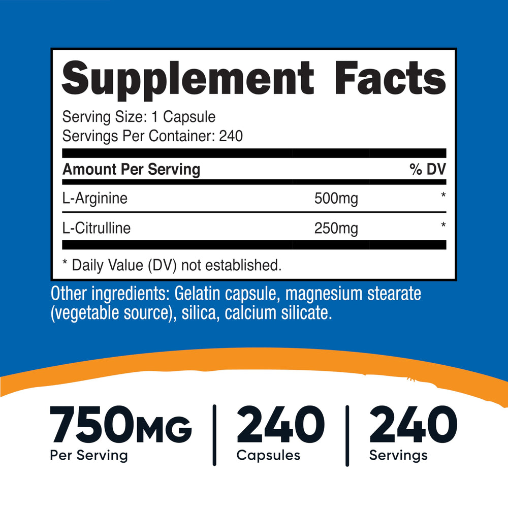 Bottle of Nutricost L-Arginine L-Citrulline Complex 750mg (240 capsules)
