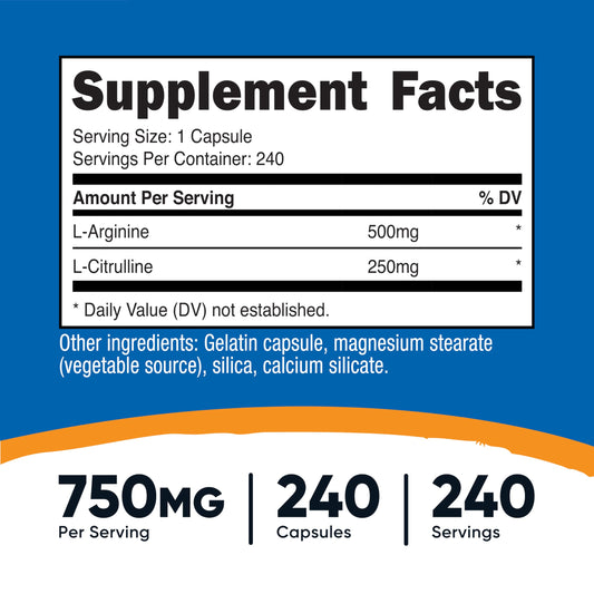 Bottle of Nutricost L-Arginine L-Citrulline Complex 750mg (240 capsules)