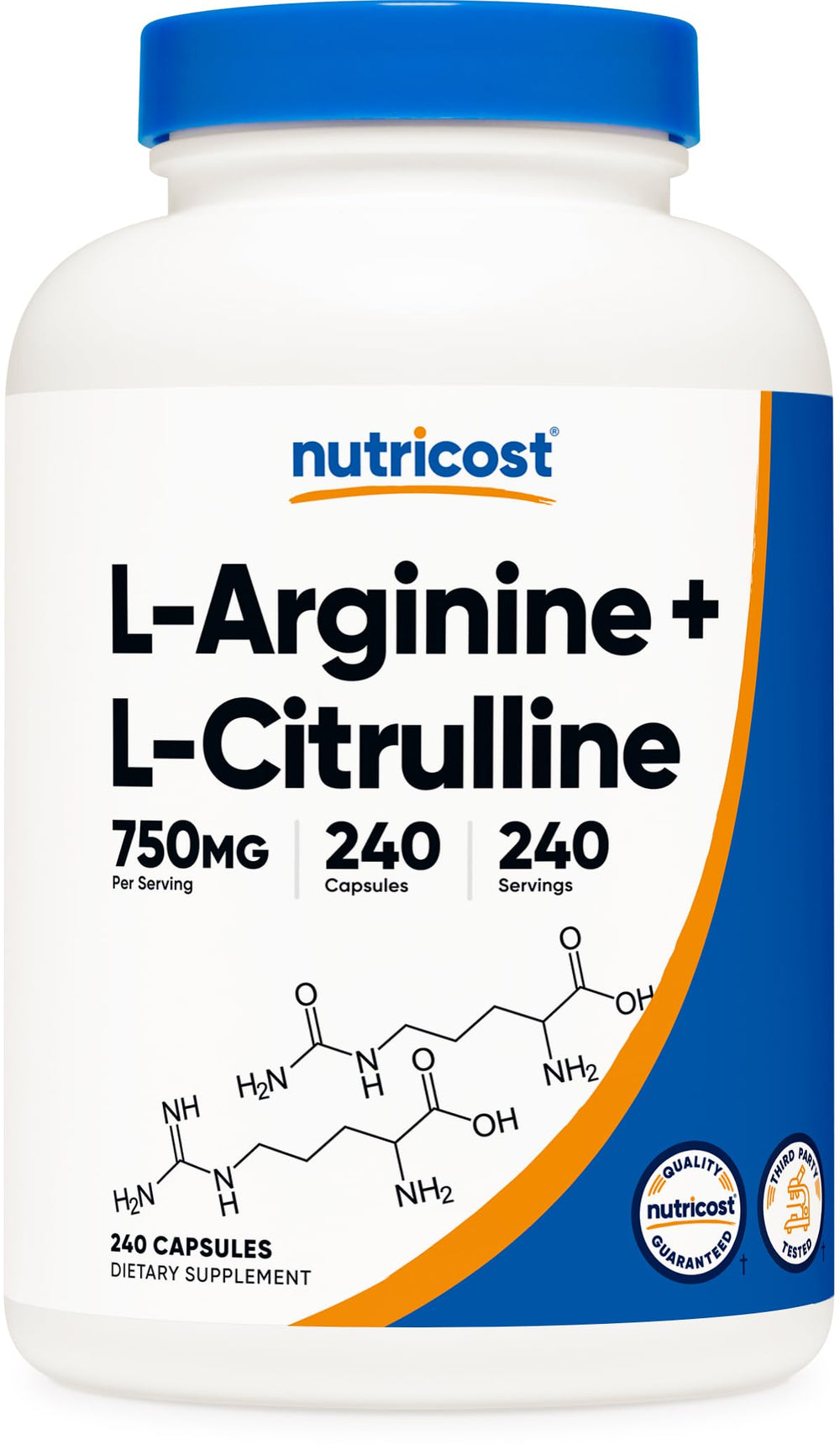 Nutricost L-Arginine L-Citrulline Complex 750mg bottle with 240 capsules - Non-GMO