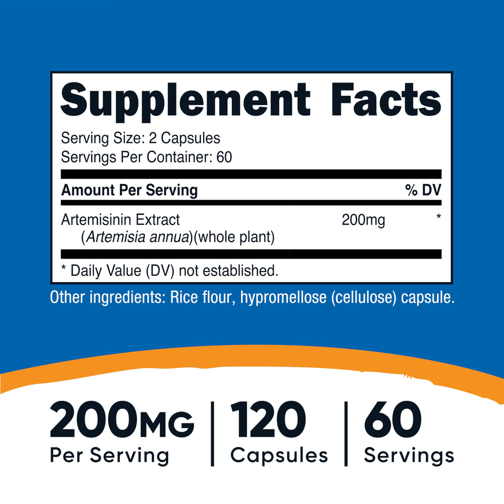 A bottle of Nutricost Artemisinin 200mg capsules with label