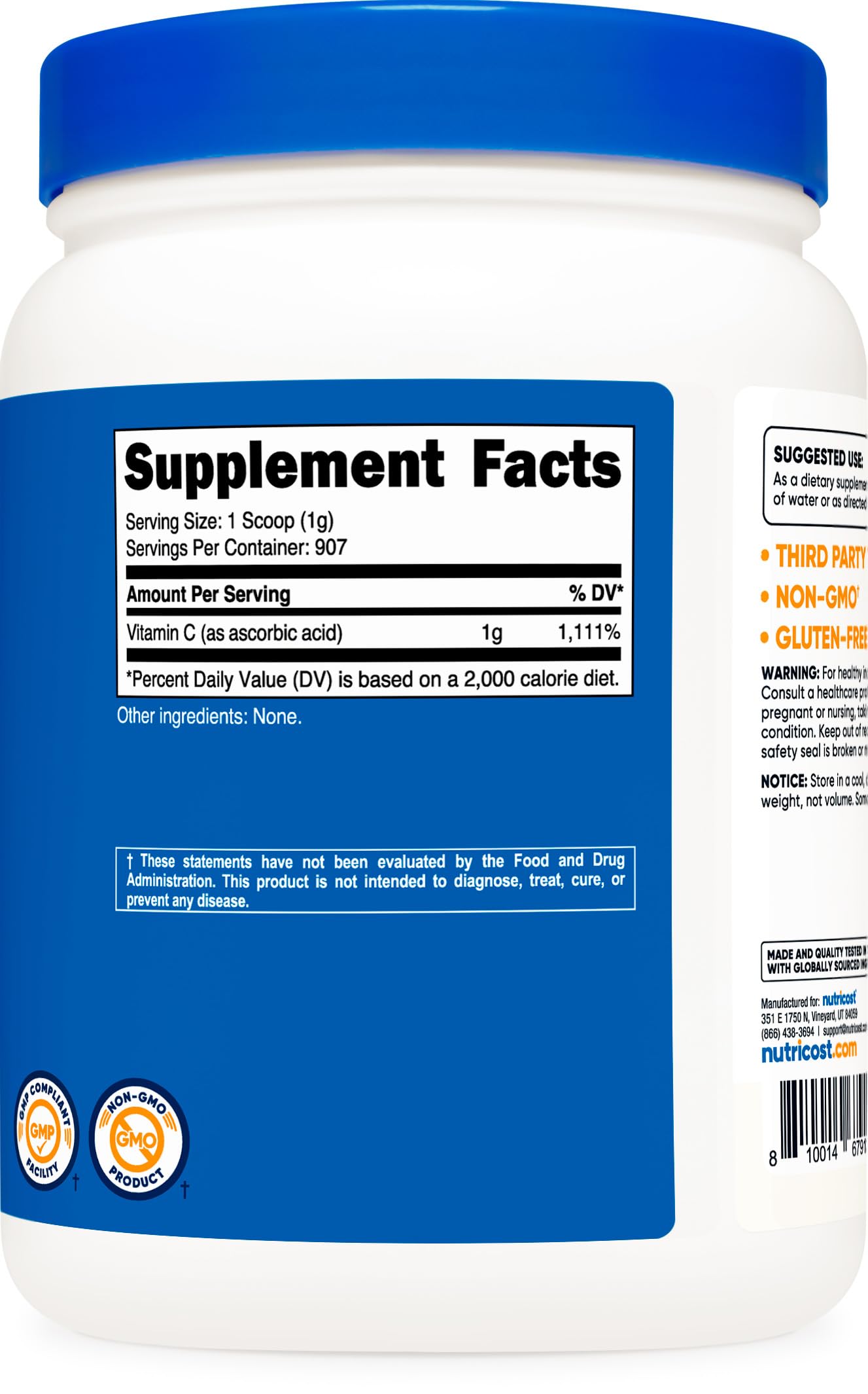 Product packaging emphasizing NSF Certified, GMP Compliant, and FDA Registered facility