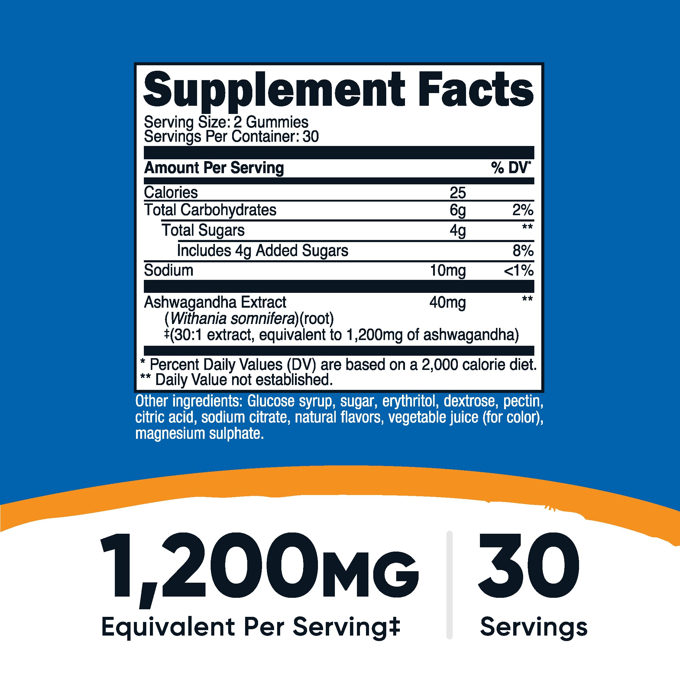 Bottle of 60 Ashwagandha Gummies showing 30 servings