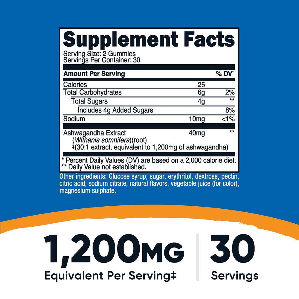 Bottle of 60 Ashwagandha Gummies showing 30 servings