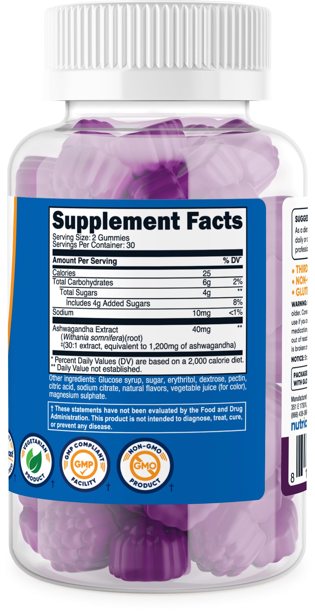 Vegetarian, Non-GMO and Gluten Free Nutricost Ashwagandha Gummies packaging
