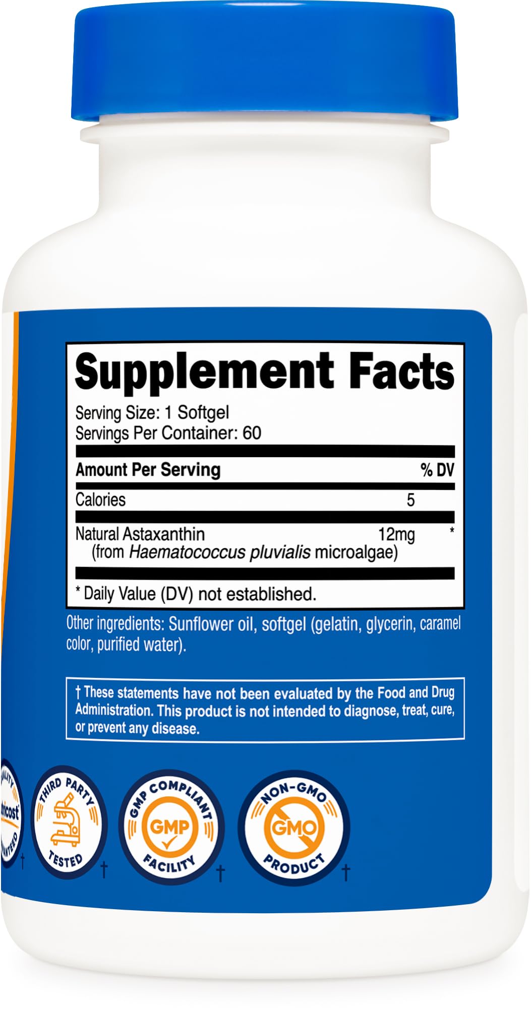 Non-GMO and gluten-free Nutricost Astaxanthin packaging label