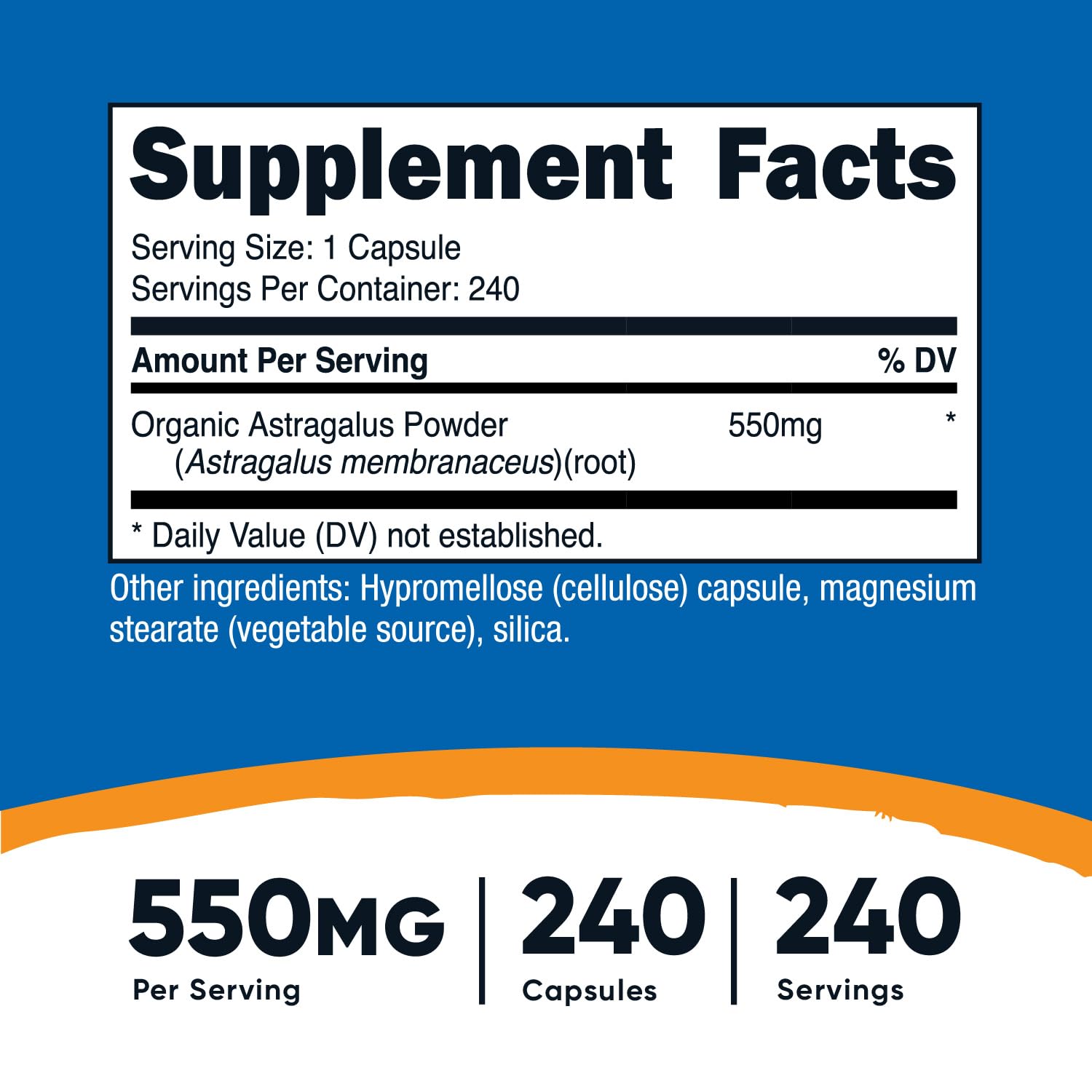 Front view of Nutricost Astragalus 550mg bottle label