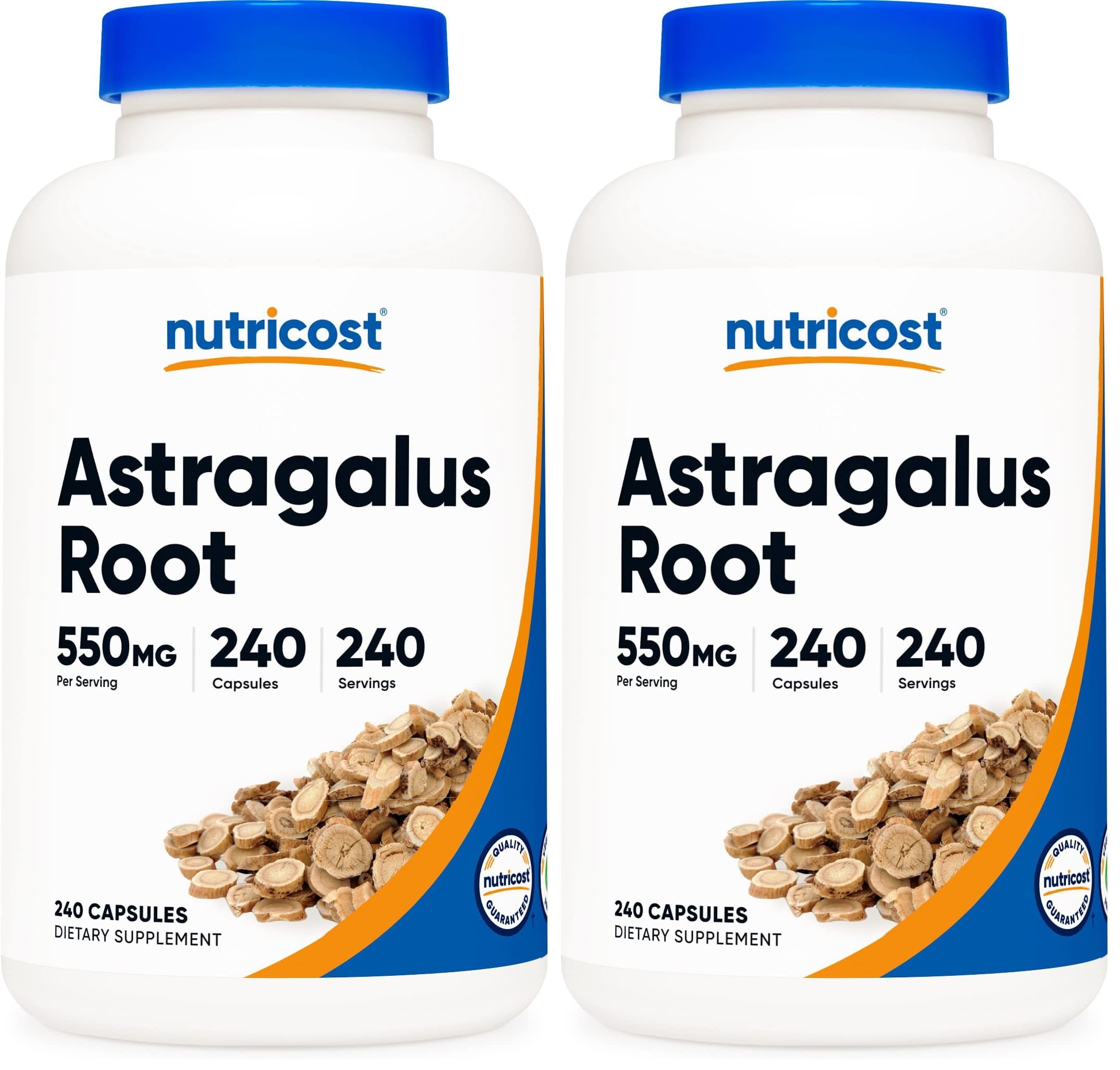 Two Nutricost Astragalus 550mg vegetarian capsule bottles (pack of 2) on white background