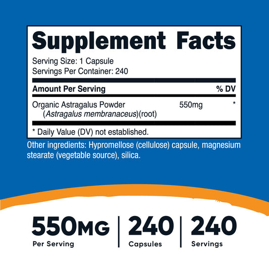 Close-up of Astragalus capsule showing 550mg strength