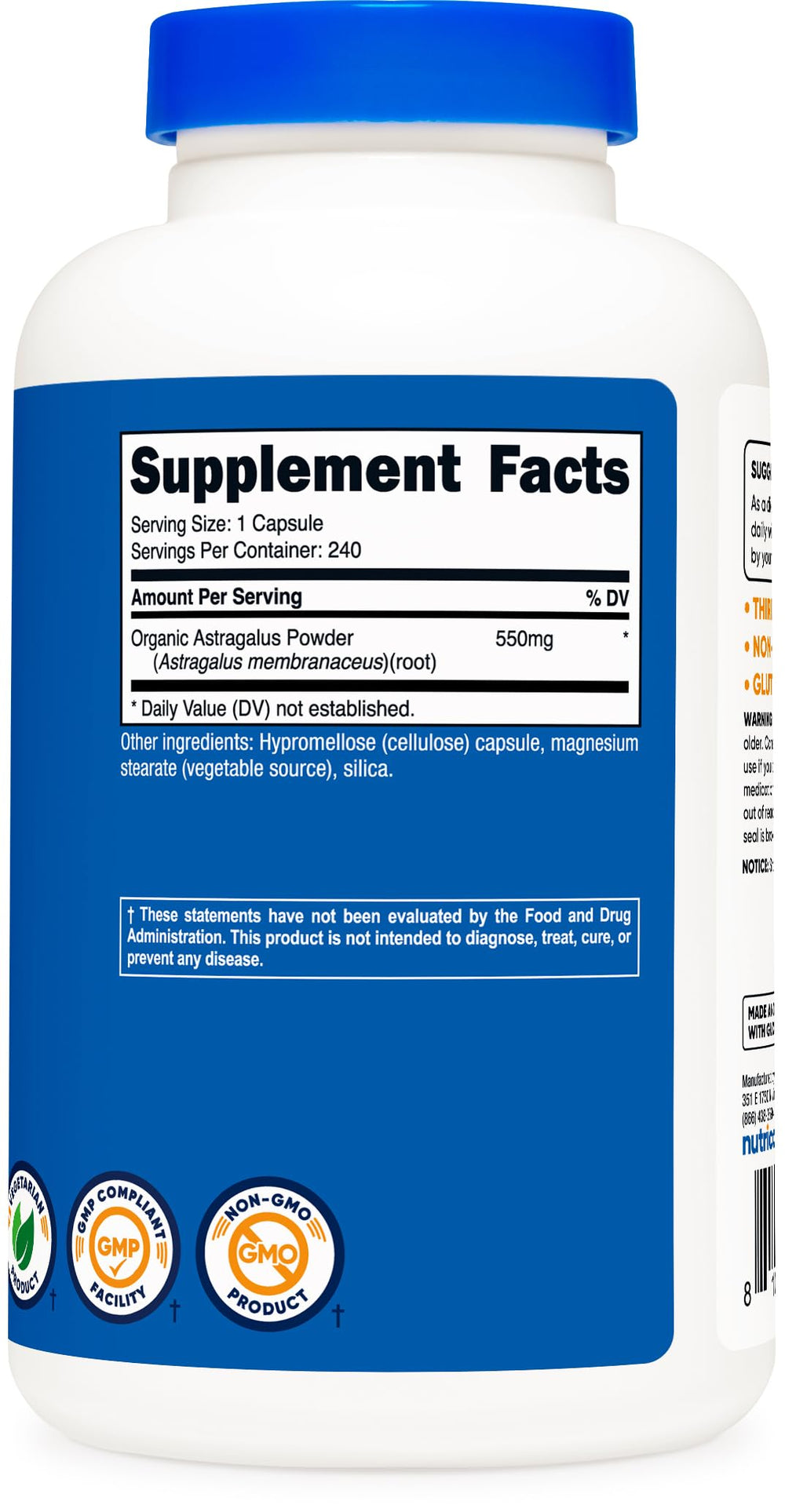 Graphic showing gluten-free and non-GMO ingredients for Nutricost Astragalus