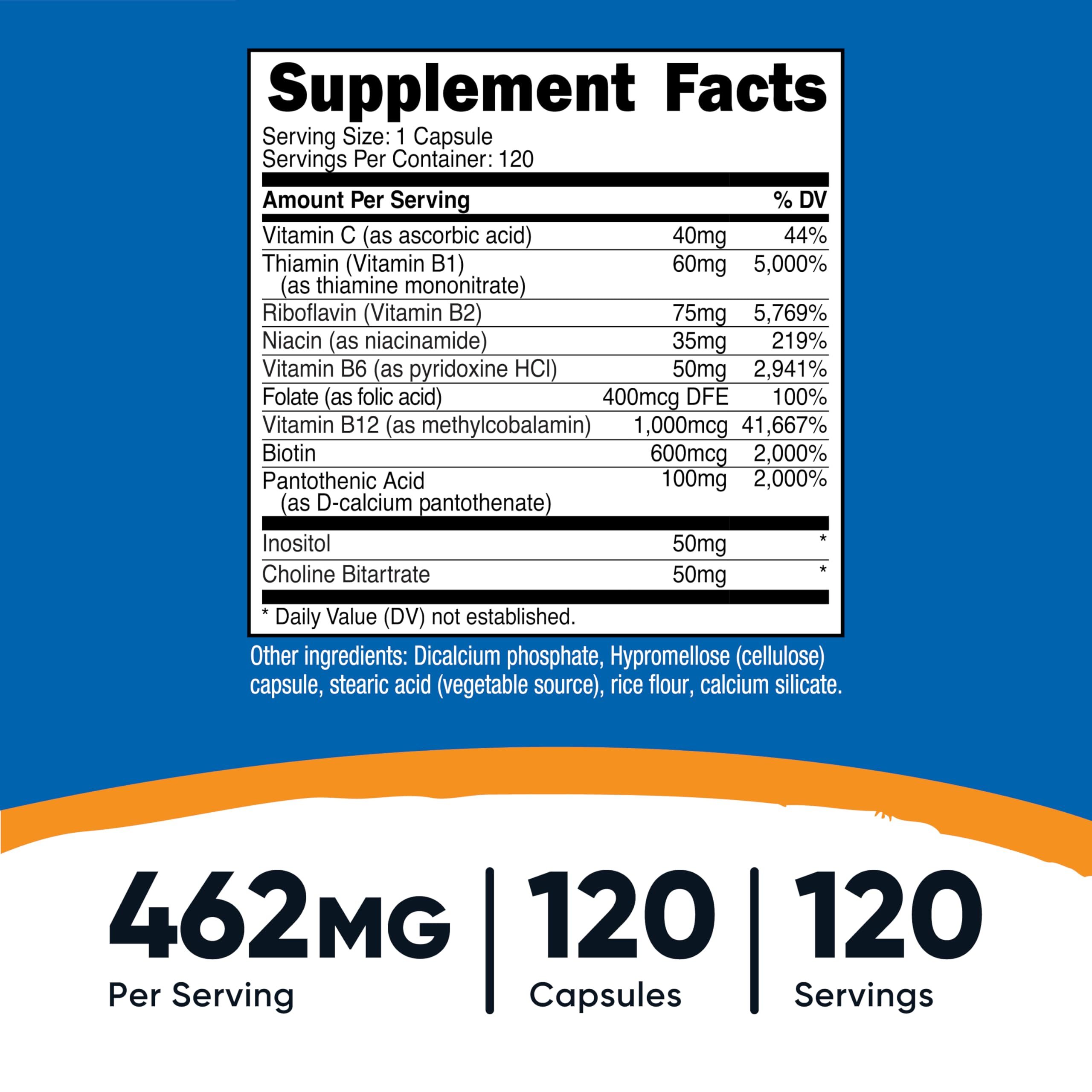 B Complex vitamins B1, B2, B3, B5, B6, B7, B9 and B12 with Vitamin C ingredients