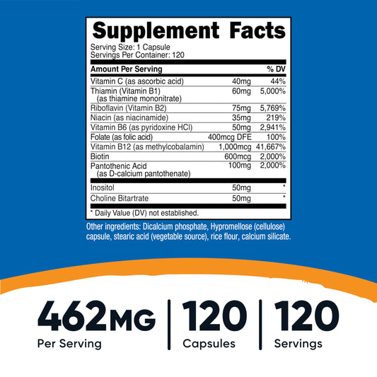 B Complex vitamins B1, B2, B3, B5, B6, B7, B9 and B12 with Vitamin C ingredients