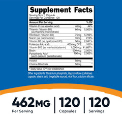 B Complex vitamins B1, B2, B3, B5, B6, B7, B9 and B12 with Vitamin C ingredients
