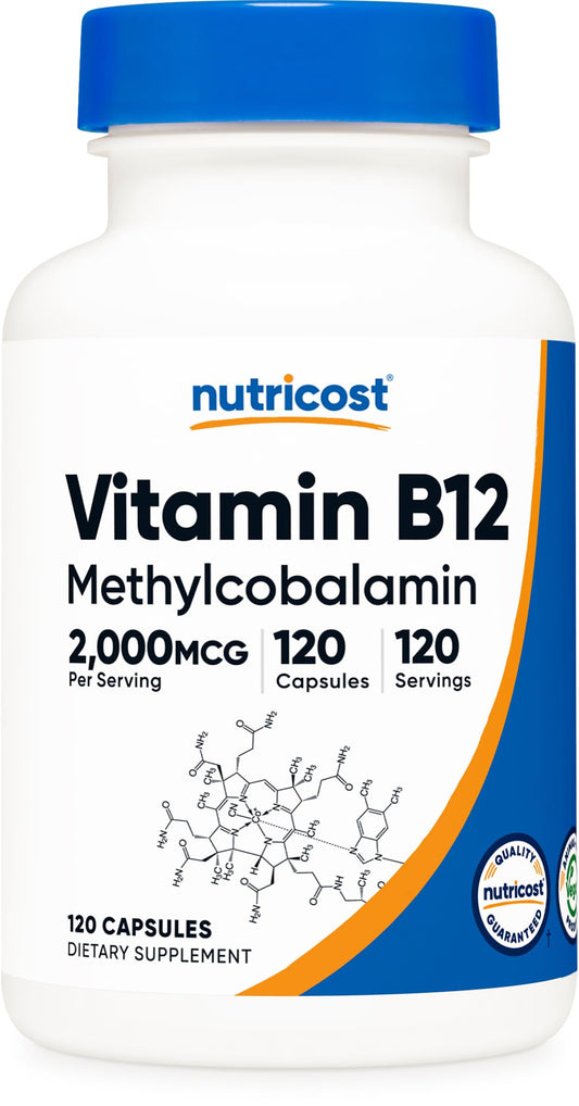 Nutricost Vitamin B12 2000mcg bottle with 120 vegetarian capsules