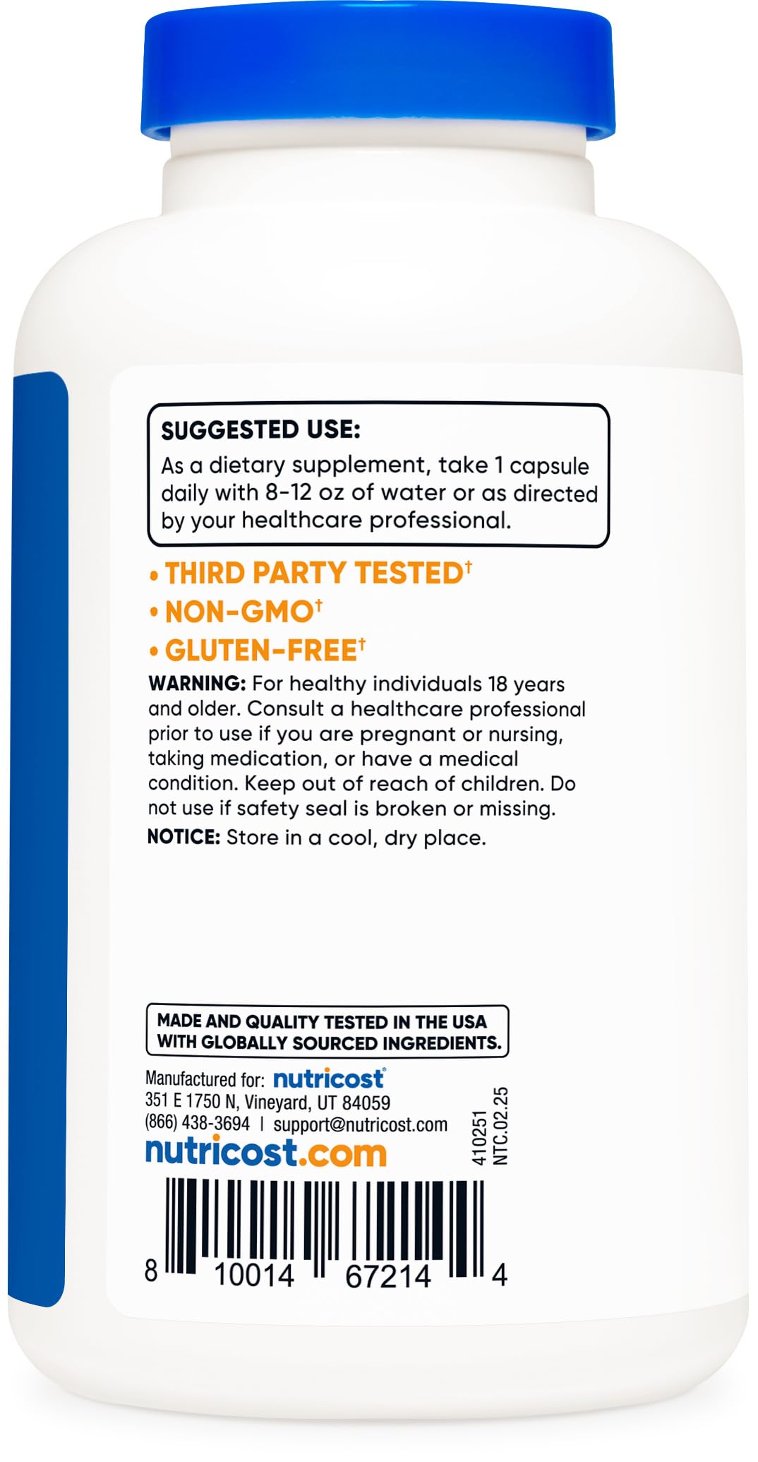 Vegan-friendly Non-GMO Gluten-Free Nutricost B12 packaging