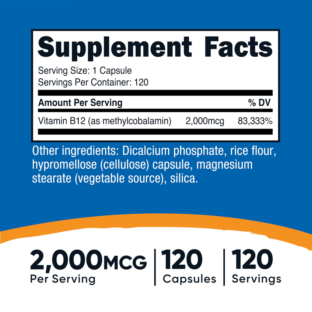 Close-up of Vitamin B12 methylcobalamin capsule showing 2000mcg