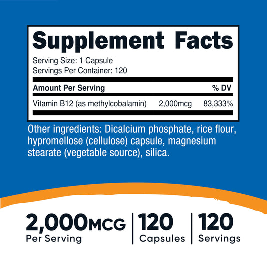 Close-up of Vitamin B12 methylcobalamin capsule showing 2000mcg