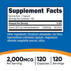 Close-up of Vitamin B12 methylcobalamin capsule showing 2000mcg
