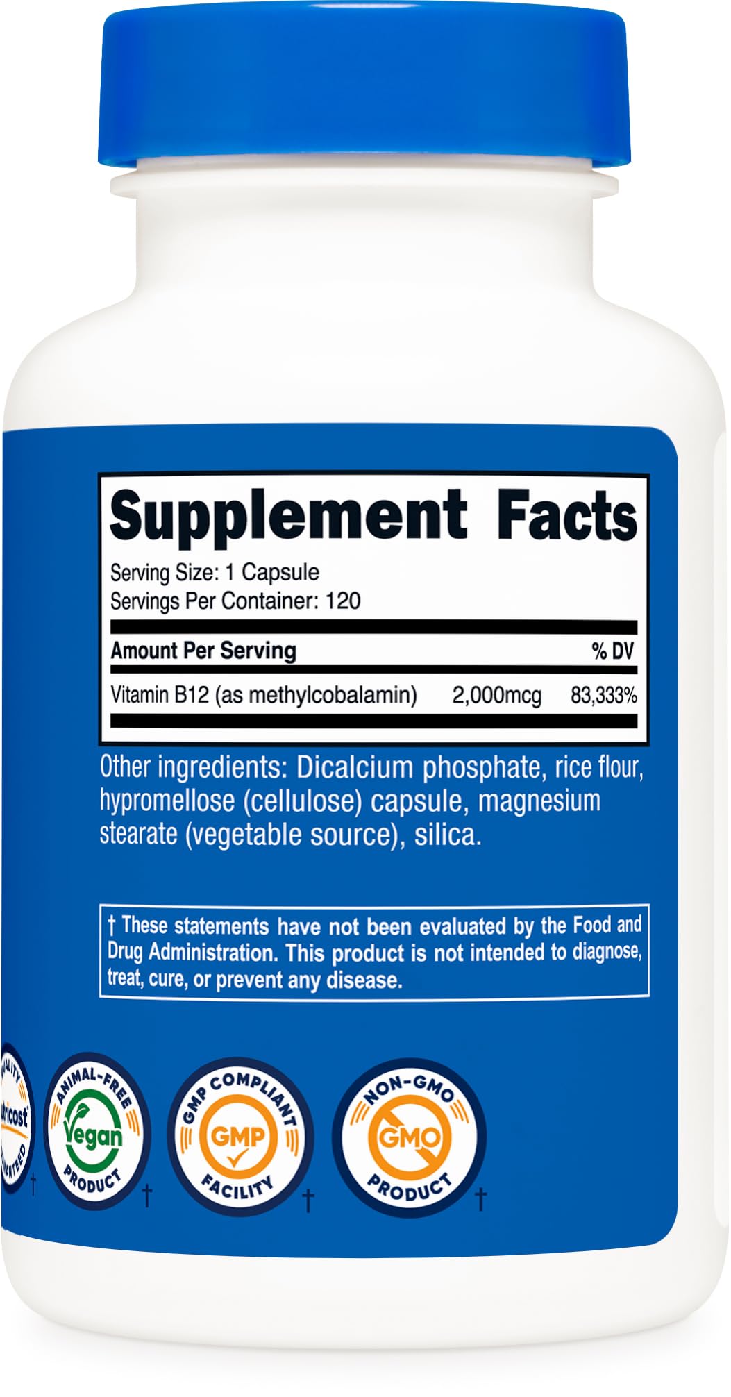 Non-GMO and Gluten Free label on Nutricost Vitamin B12 bottle