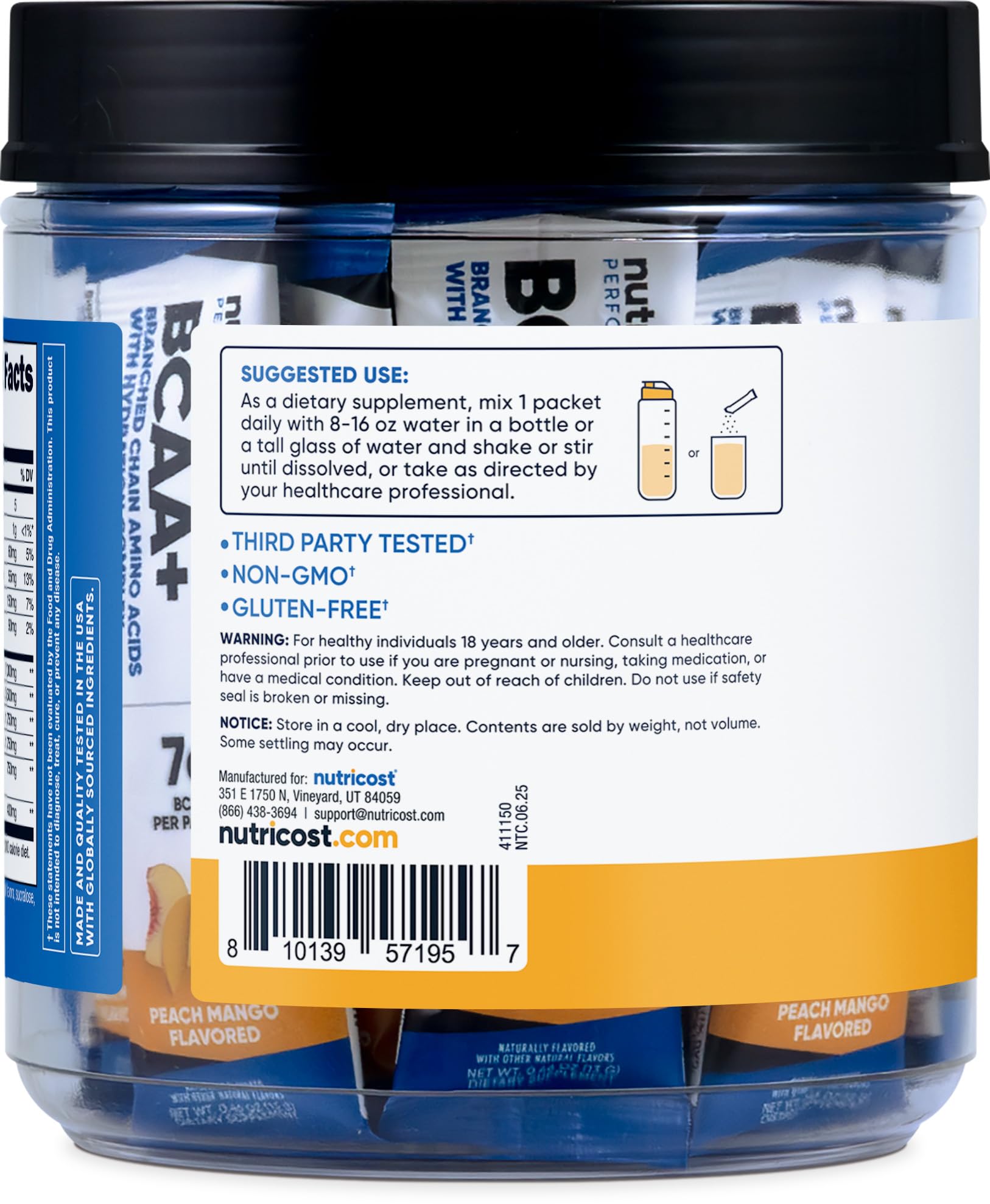 Nutricost BCAA+ Hydration Peach Mango ingredients panel