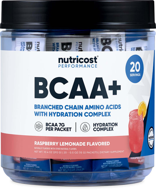 Nutricost BCAA+ Hydration Raspberry Lemonade box and 20-stickpack container