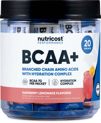 Nutricost BCAA+ Hydration Raspberry Lemonade box and 20-stickpack container