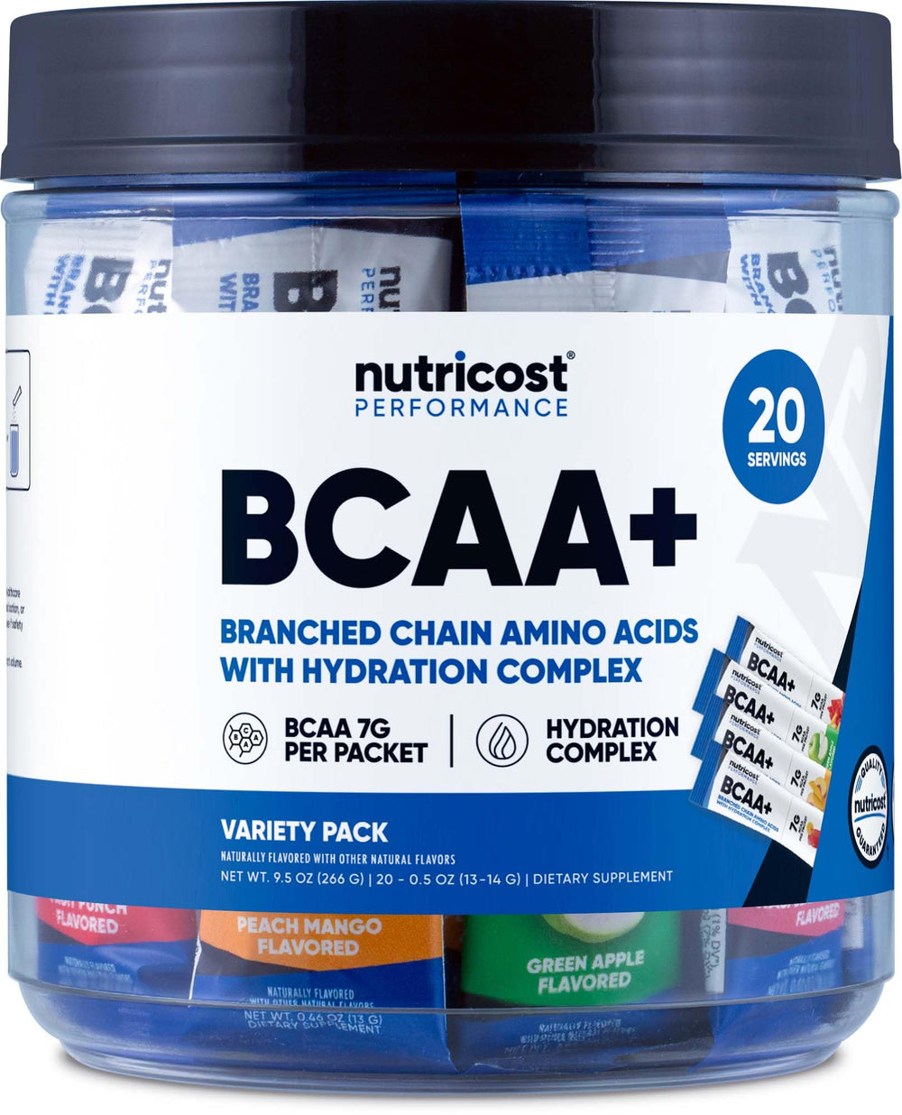 Front view of Nutricost BCAA+ Hydration Variety Pack with 20 stickpacks