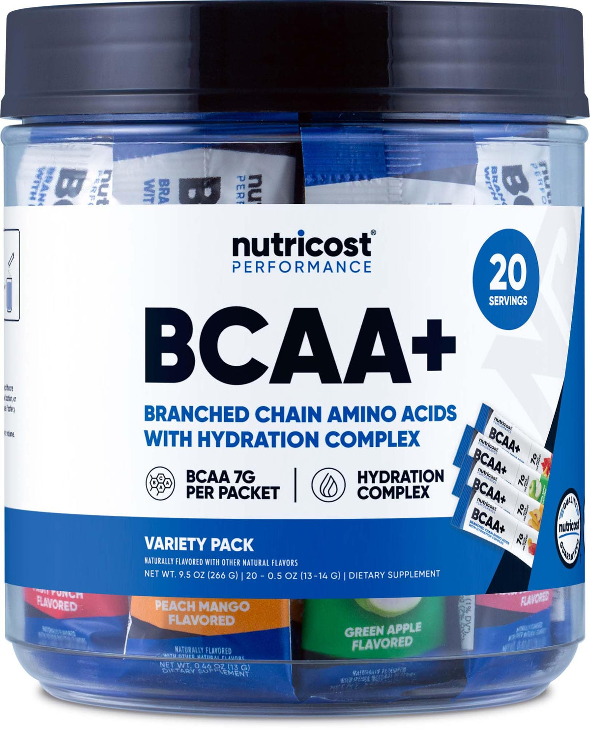 Front view of Nutricost BCAA+ Hydration Variety Pack with 20 stickpacks