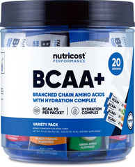 Front view of Nutricost BCAA+ Hydration Variety Pack with 20 stickpacks