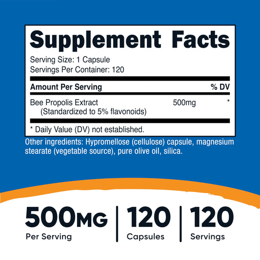 Close-up of Nutricost Bee Propolis bottle label showing 5% flavonoids