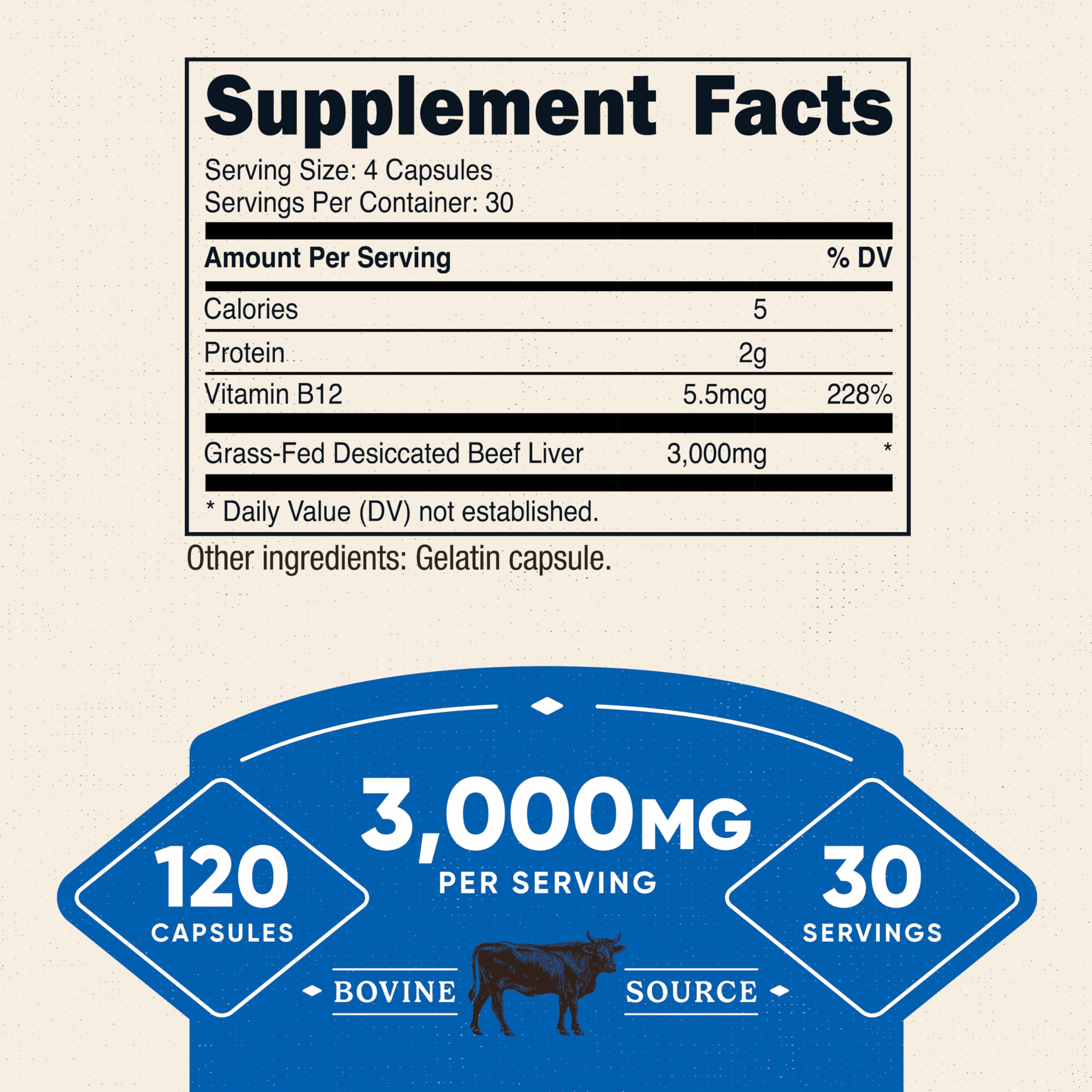 Desiccated beef liver capsules 750 mg per capsule (3000 mg per serving) detail