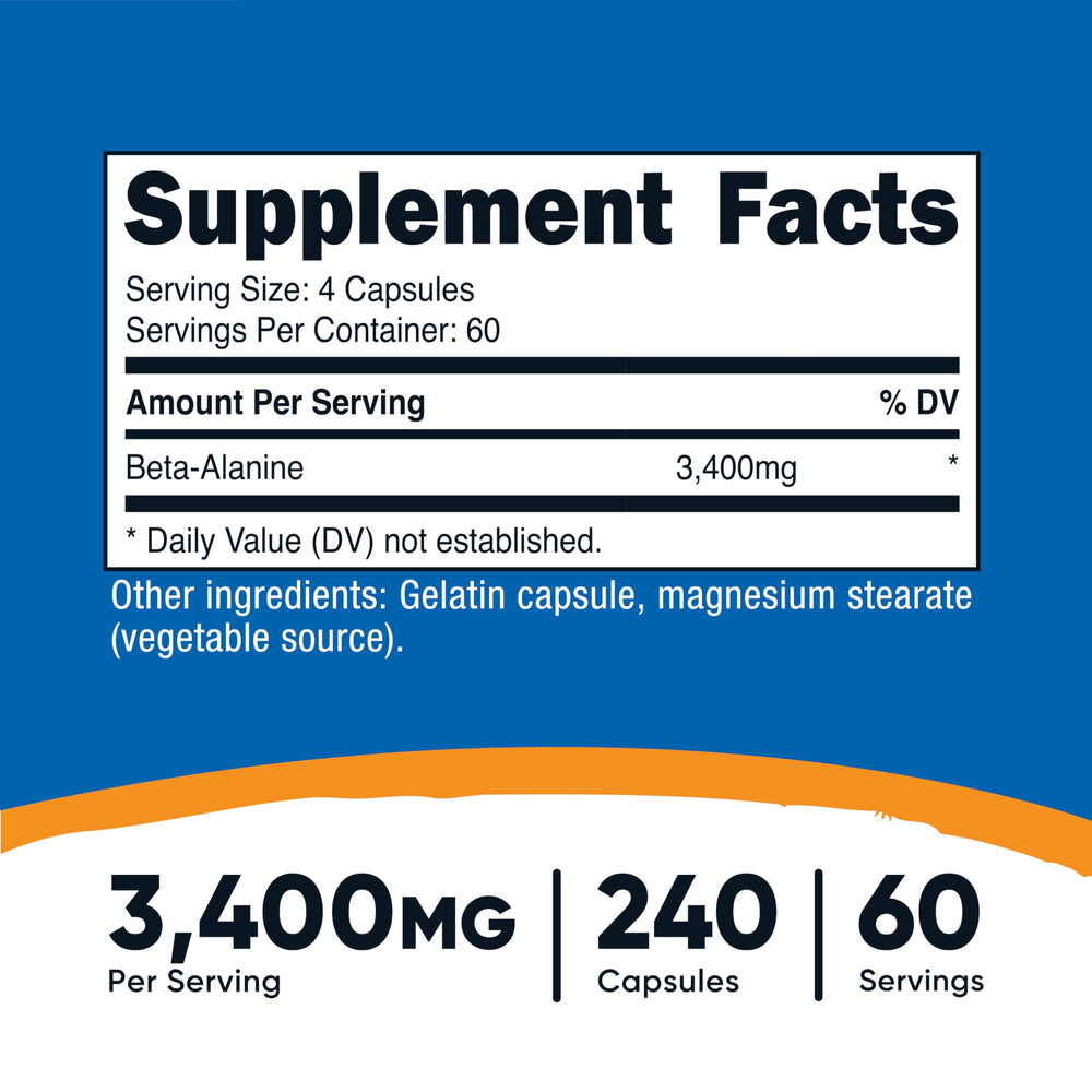 Close-up of Nutricost Beta-Alanine capsules (850 mg per capsule)