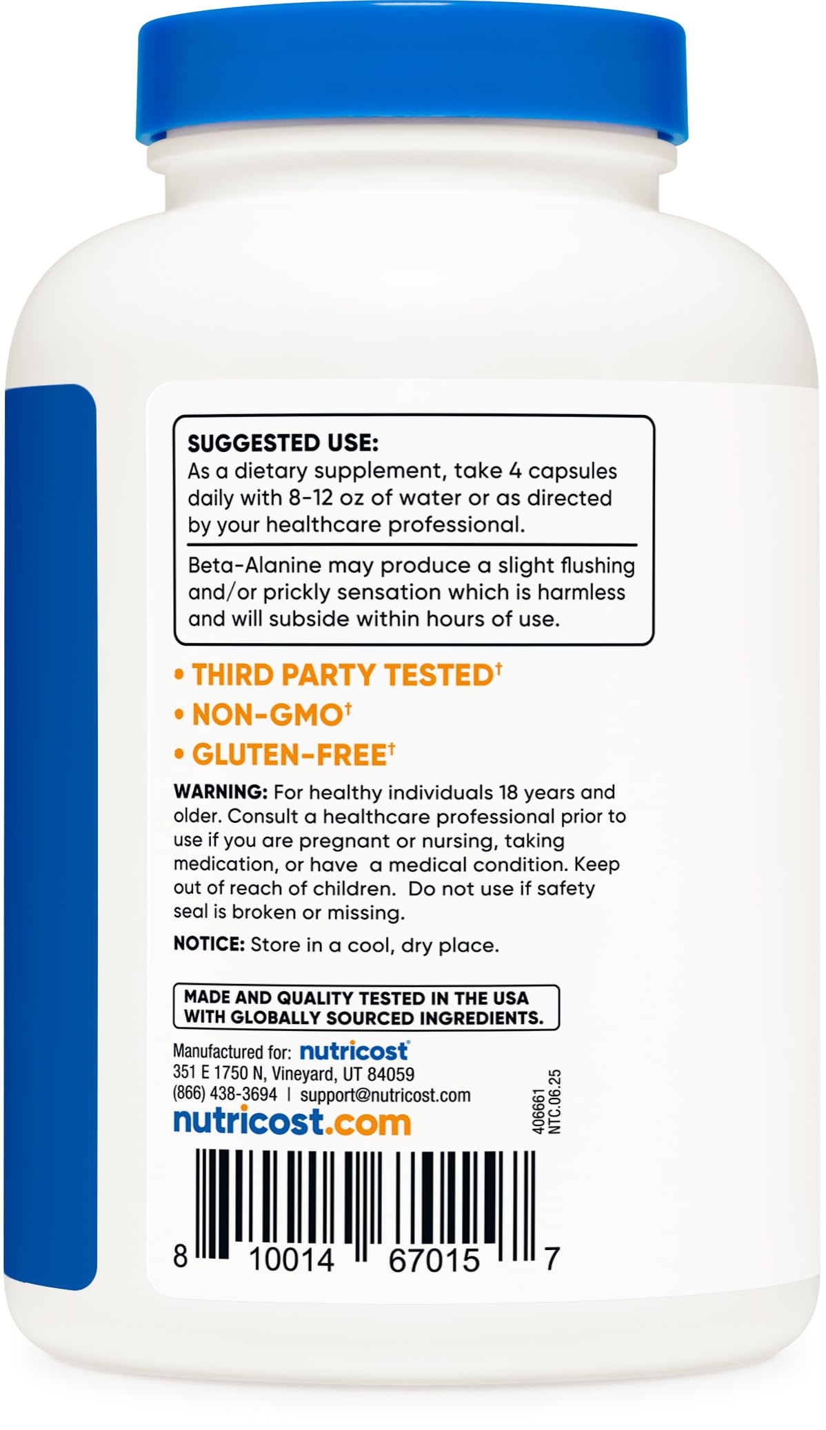 Nutrition facts label on Nutricost Beta-Alanine bottle