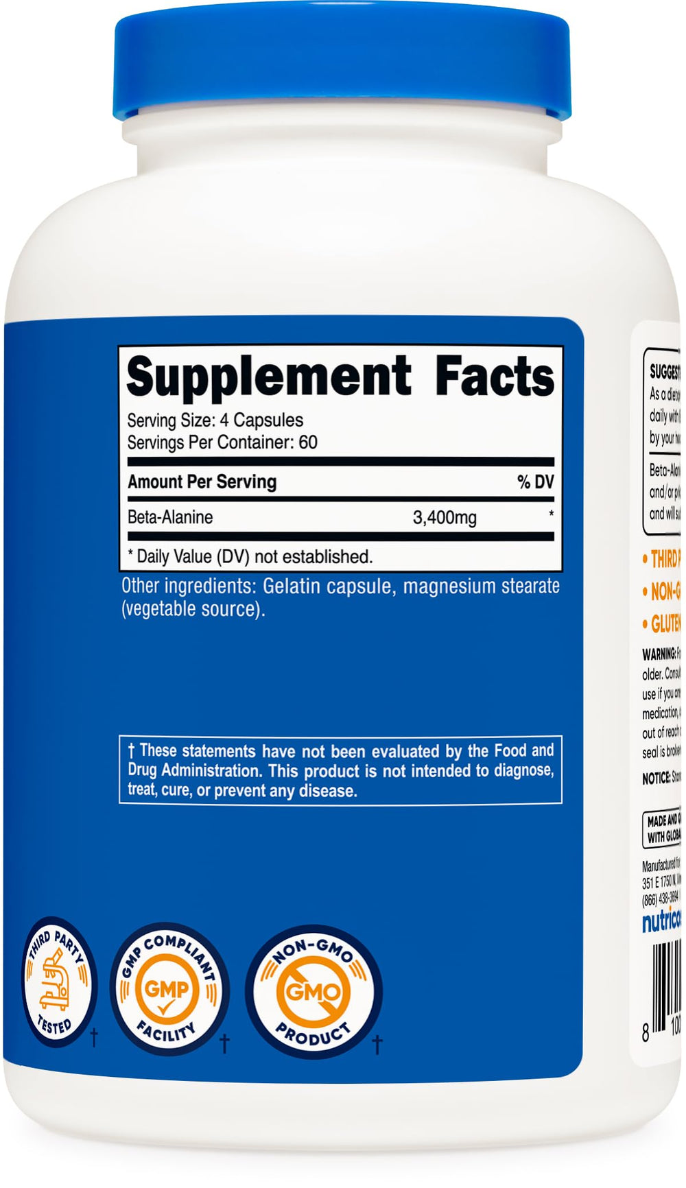 Box and bottle of Nutricost Beta-Alanine, gluten-free and non-GMO