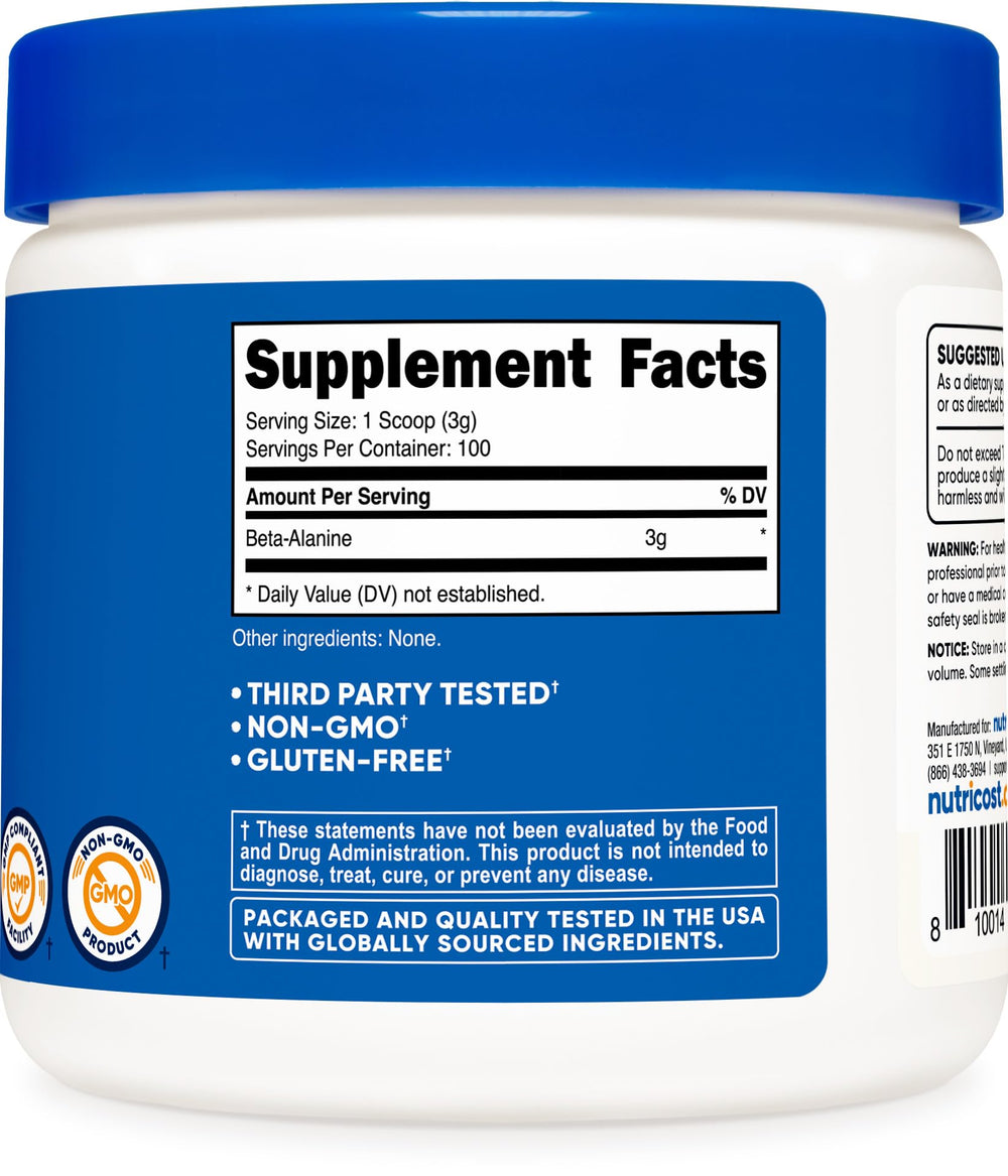 Side view of Nutricost Beta-Alanine 300g bottle with powder shown